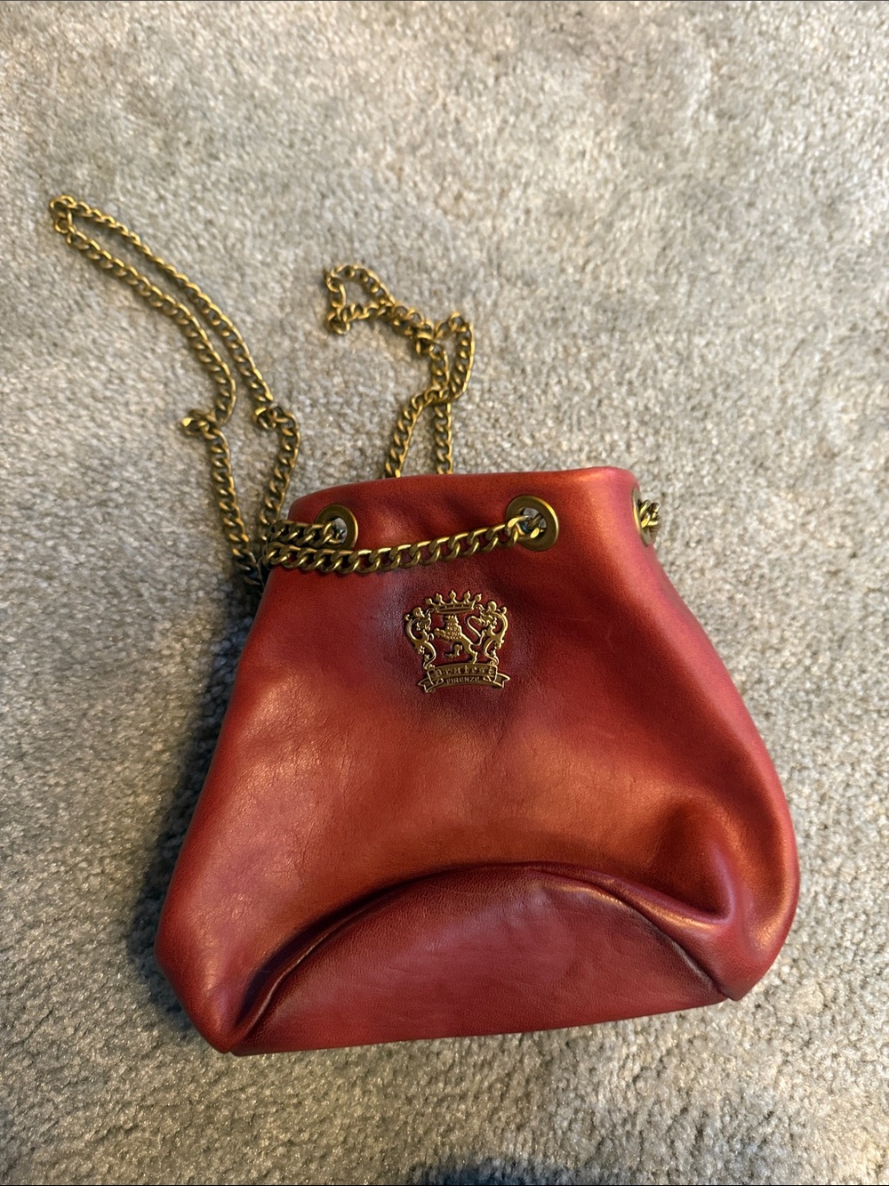 Red Leather Chain-Strap Crossbody Bag with Crest Detail